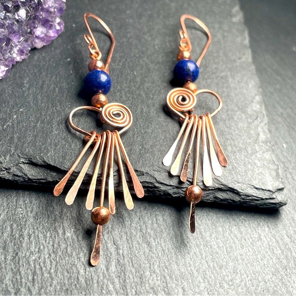 Artisan Jewelry - Genuine Blue Lapiz Lazuli Beaded Fringe Copper Earrings Artisan Designed